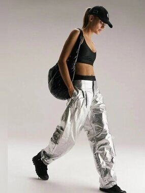 Free People Movement Mesmerize Me Metallic Cargo Pants Silver Wide Leg NWOT XS